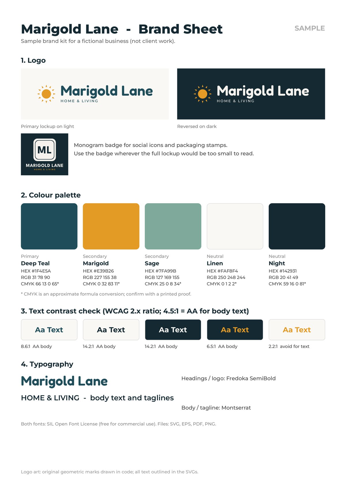 One-page brand sheet for the fictional Marigold Lane: logo lockups, monogram badge, five-colour palette with HEX, RGB and CMYK, contrast checks and typography