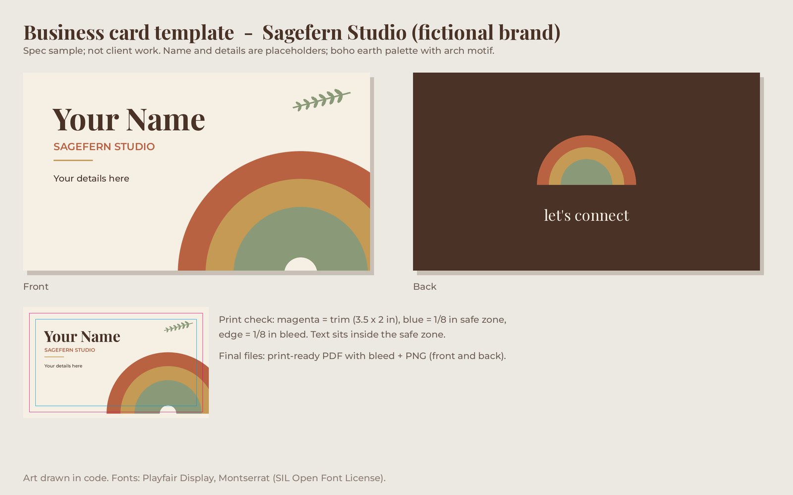 Business card template for the fictional Sagefern Studio: cream front with terracotta, gold and sage arches, brown back reading let's connect, and a print-guide check