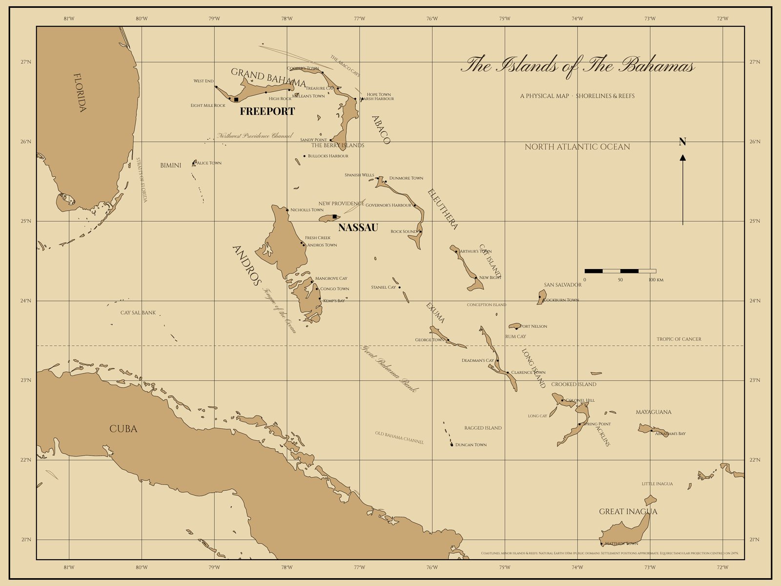 Physical map of The Bahamas on a warm sand background with tan islands, reefs, black latitude and longitude lines, island and settlement labels, Florida and Cuba in the corners