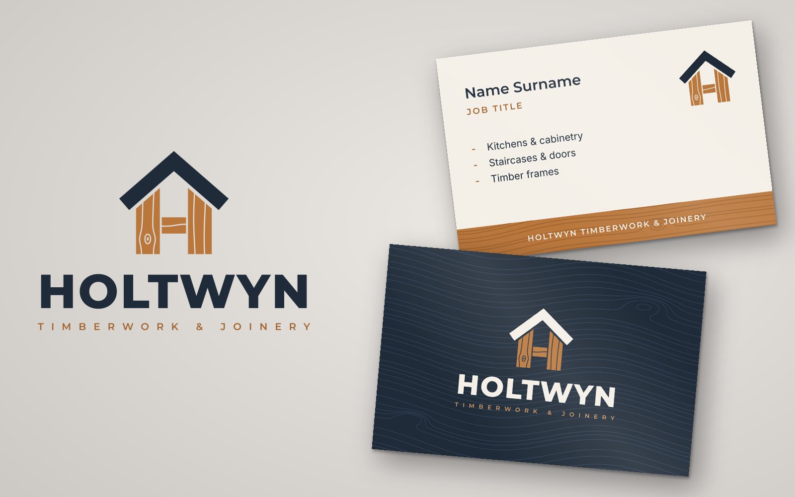 Logo and business card concept for the fictional Holtwyn Timberwork and Joinery: a gable roof over a timber H with woodgrain, on a cream and a navy card