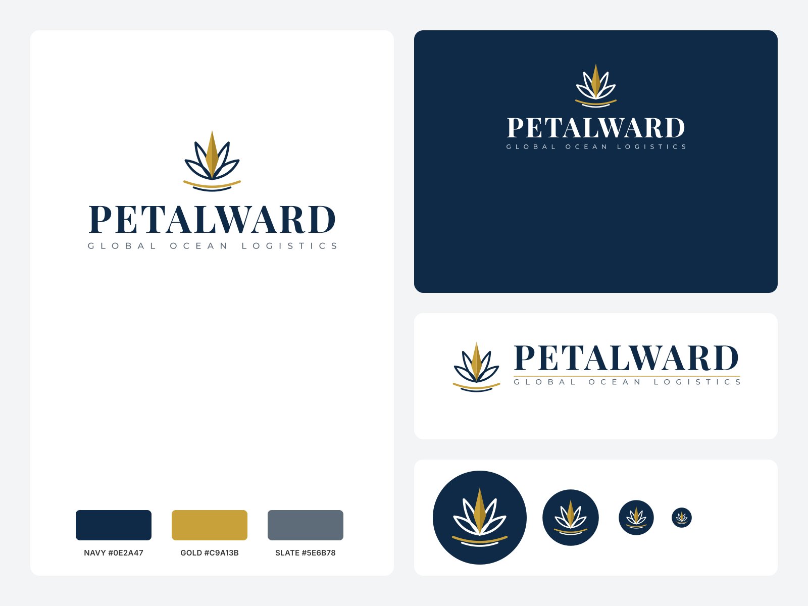 Logo concept for the fictional Petalward Global Ocean Logistics: a line-drawn flower with a gold compass-needle petal over a horizon arc, in navy and gold, with icon size checks