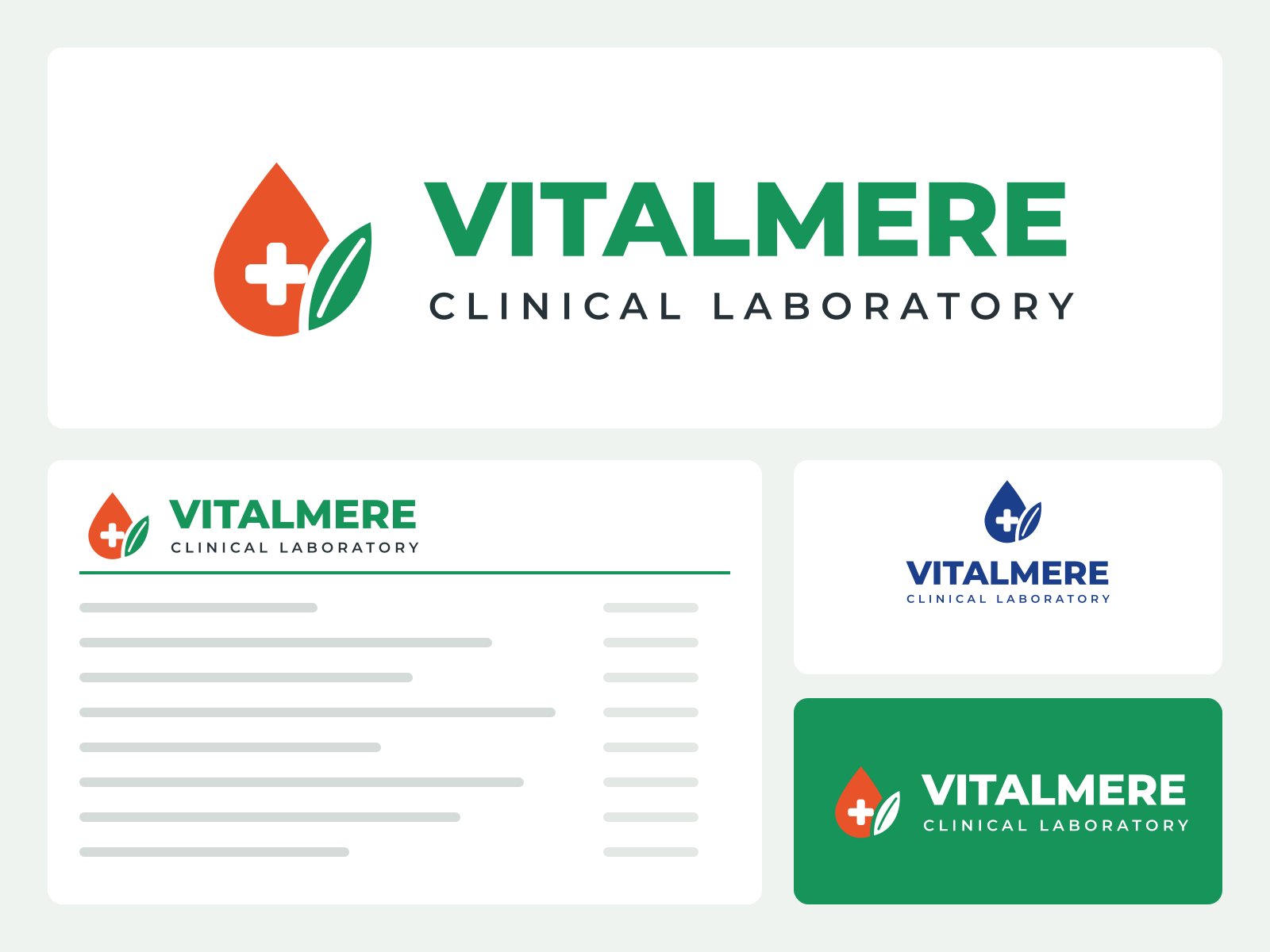 Logo concept for the fictional Vitalmere Clinical Laboratory: an orange-red drop with a medical plus and a green leaf, shown on a report header, a one-colour stamp and reversed on green