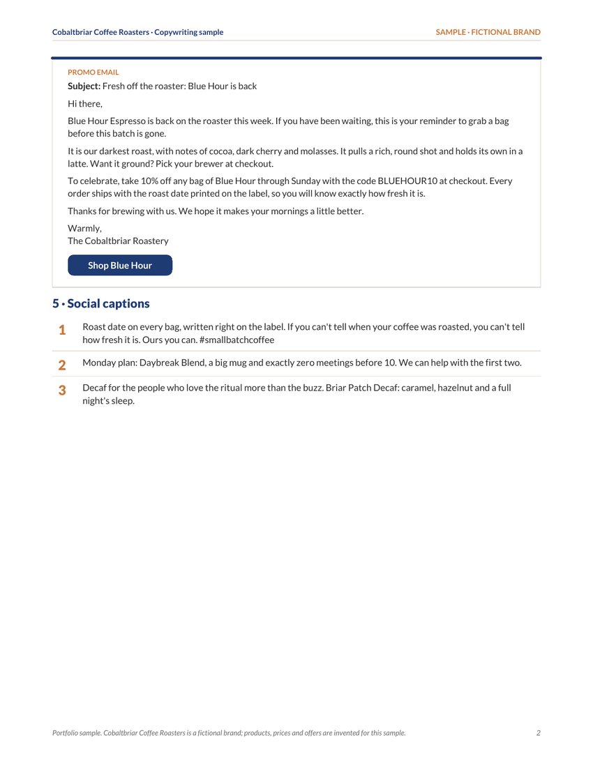 Page 2 of the Cobaltbriar Coffee Roasters copy pack: promo email and social captions