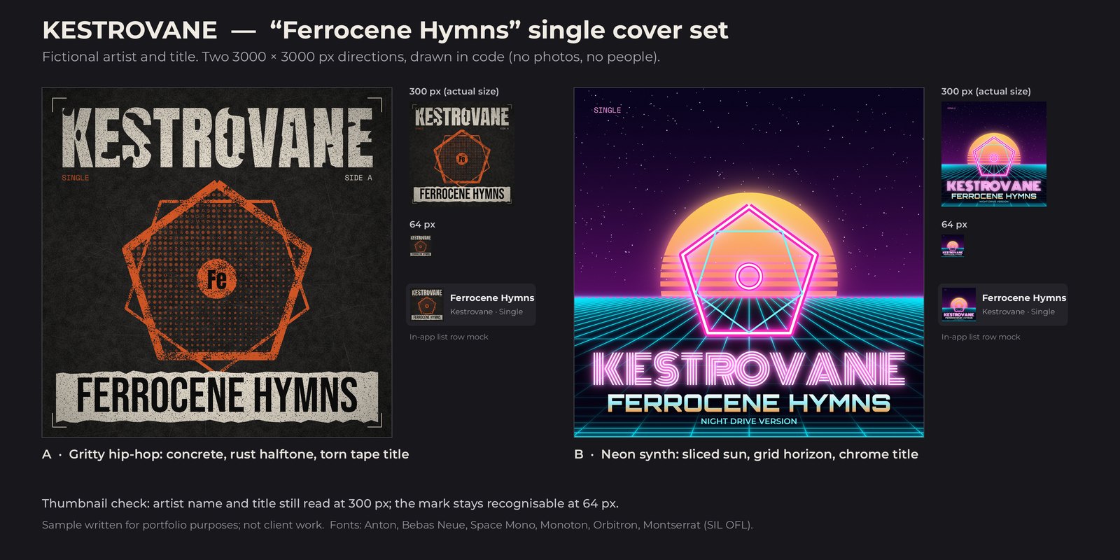 Two single covers for the fictional artist Kestrovane, title Ferrocene Hymns: a gritty charcoal and rust cover with a halftone pentagon mark and torn tape title, and a neon synth cover with a sliced sun, grid horizon and chrome title, each with 300 px and 64 px thumbnail checks