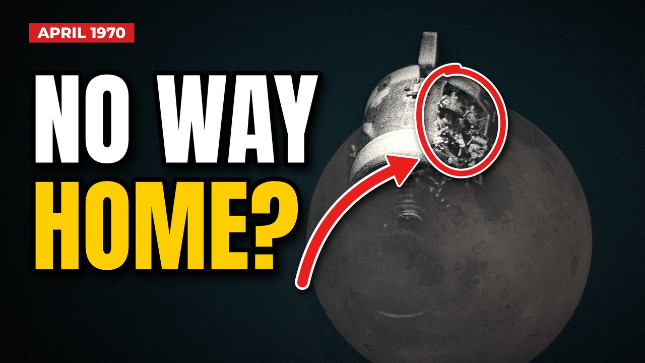 Documentary thumbnail reading NO WAY HOME? with the Apollo 13 service module over the Moon and a red circle and arrow callout