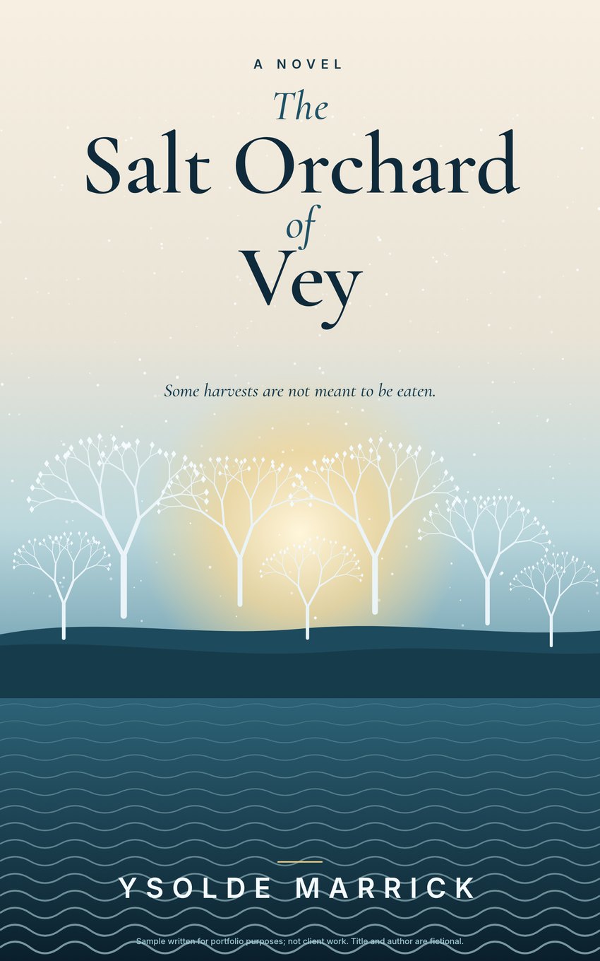 Ebook cover for the fictional novel The Salt Orchard of Vey by Ysolde Marrick: a serif title on a pale dawn sky, white crystal trees on a dark hill, a glowing sun and a teal sea with the author name