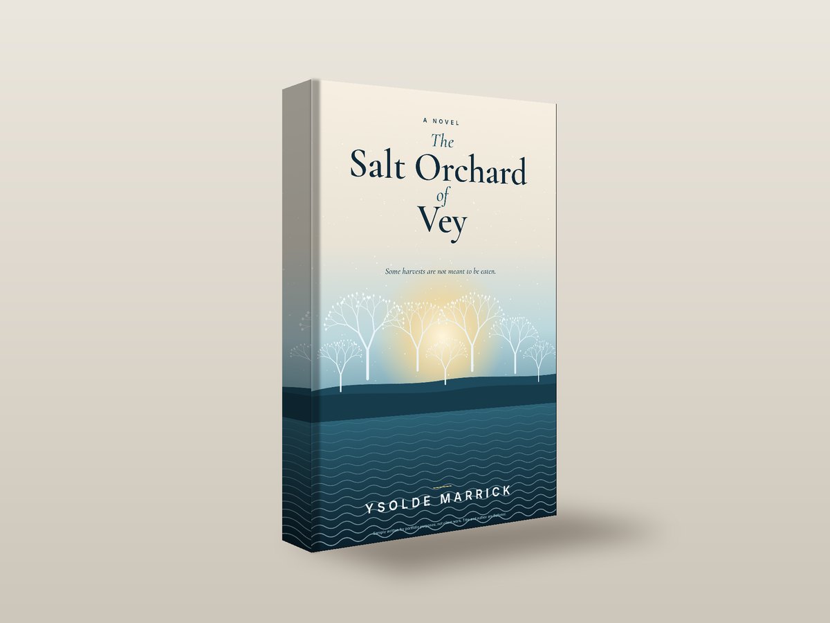 3D mockup of The Salt Orchard of Vey shown as a standing book with a dark spine and a soft shadow on a warm grey background