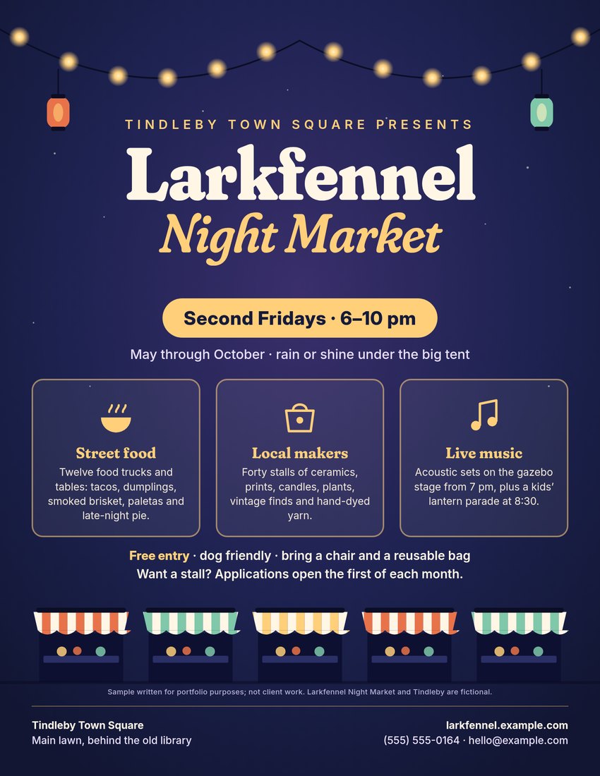 Flyer for the fictional Larkfennel Night Market: string lights and lanterns over a navy night sky, the title in cream and gold, a Second Fridays 6 to 10 pm pill, three cards for street food, local makers and live music, and a row of striped market stalls
