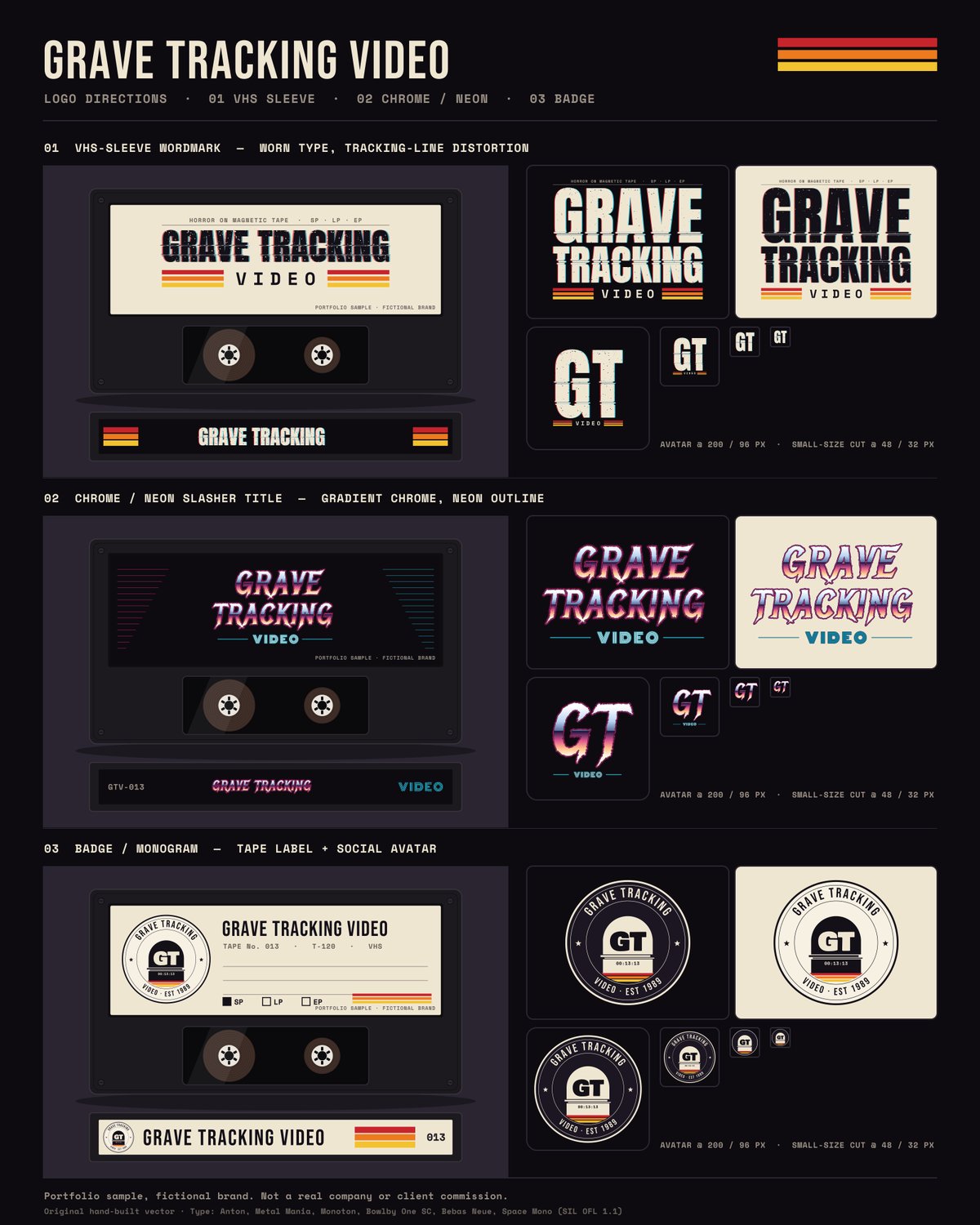 Portfolio board for the fictional horror video label Grave Tracking Video: VHS-sleeve wordmark, chrome neon title and round badge, each on a tape mockup with avatar checks