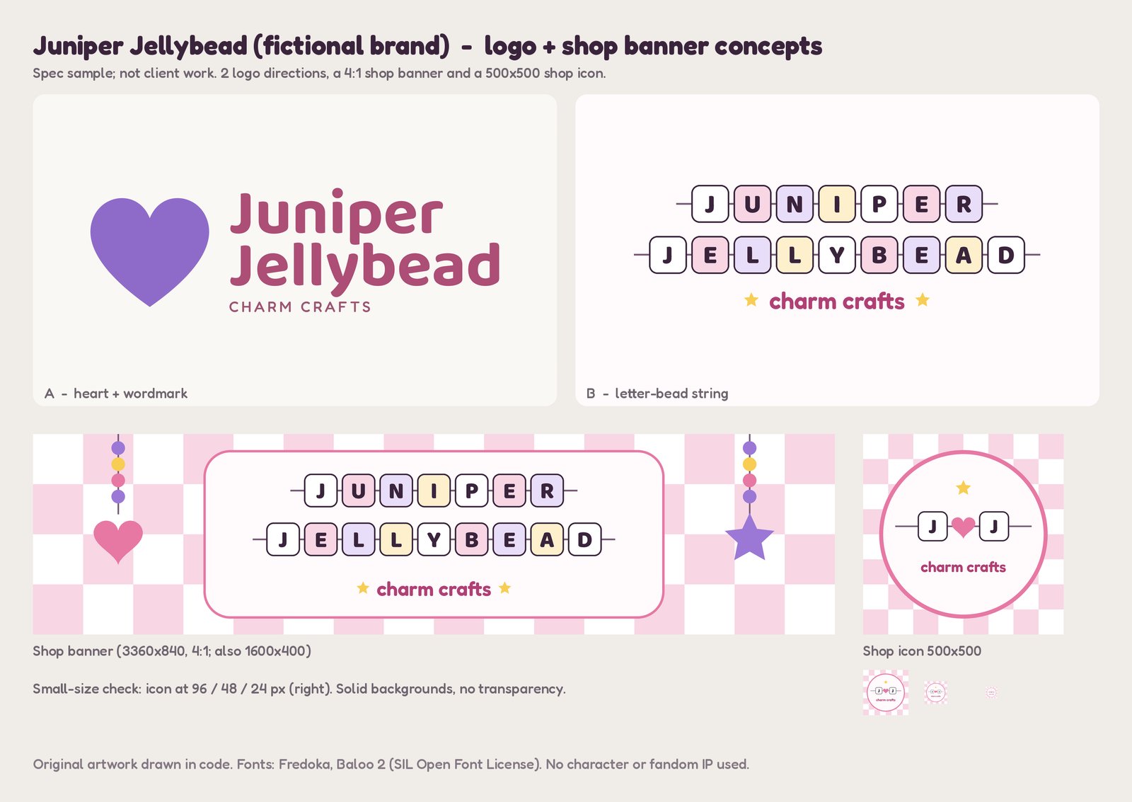 Logo and shop banner board for the fictional craft shop Juniper Jellybead: heart wordmark, letter-bead logo, pink checker banner and round shop icon