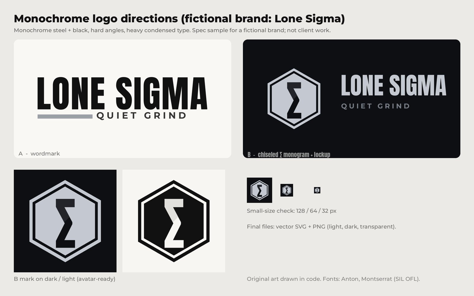 Monochrome logo board for the fictional brand Lone Sigma: condensed wordmark, chiseled sigma hexagon monogram and lockup, and a small-size check
