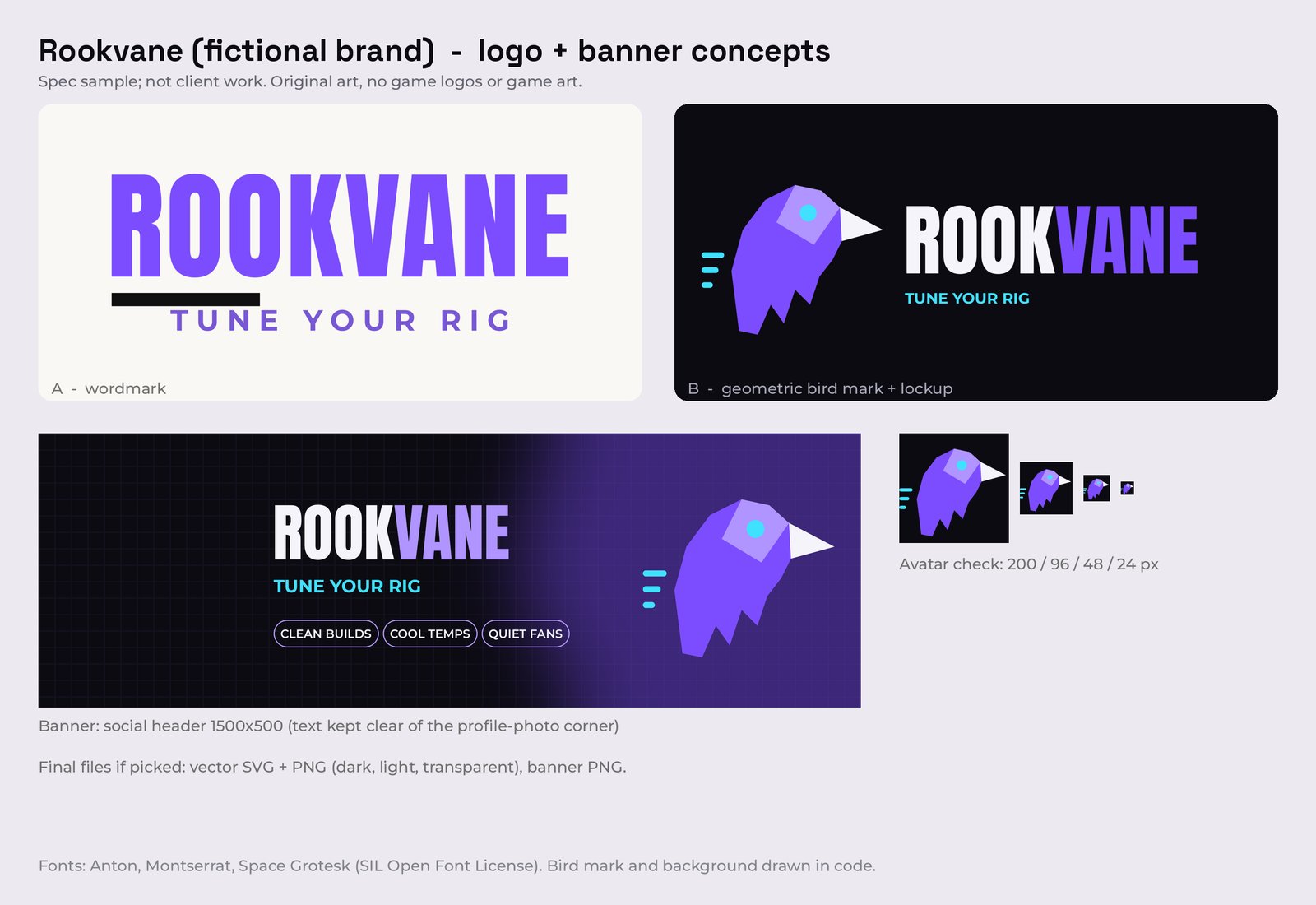 Logo and banner board for the fictional PC-tuning brand Rookvane: violet wordmark, geometric bird mark lockup, 1500 by 500 social header and avatar size check