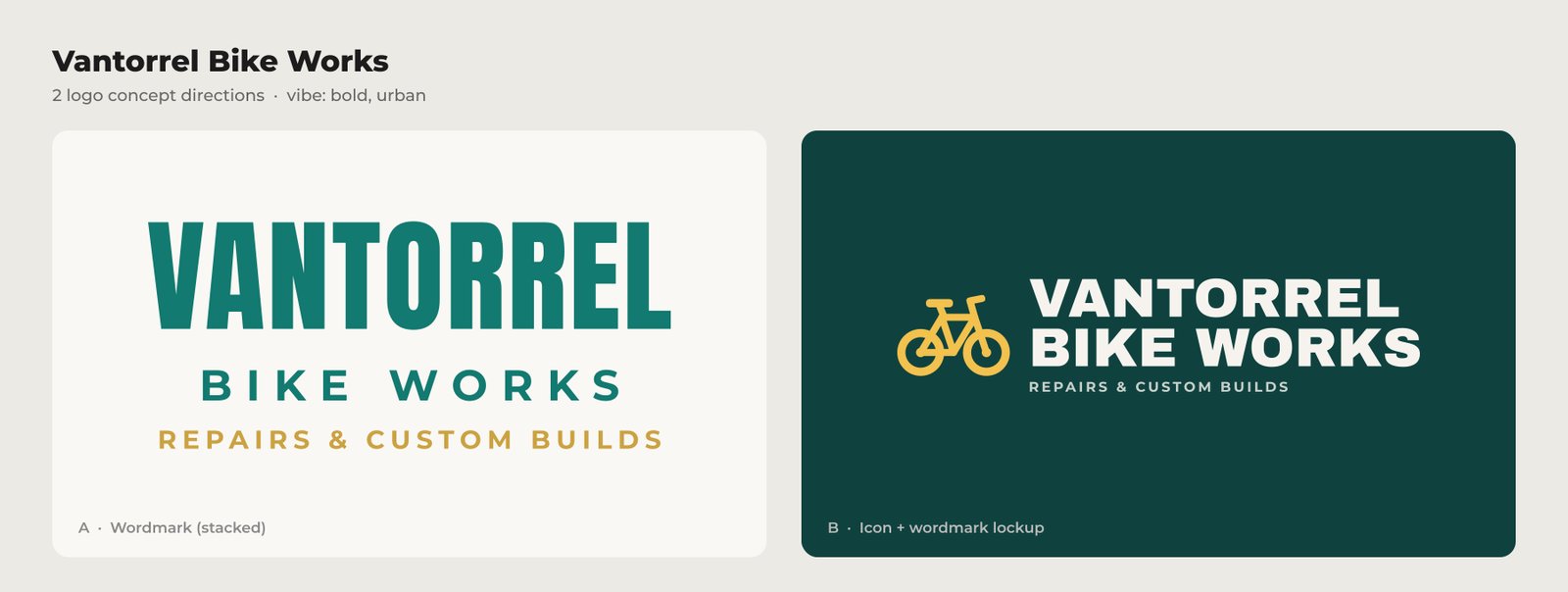 Two logo concepts for the fictional Vantorrel Bike Works: a bold stacked wordmark and a bike-icon lockup