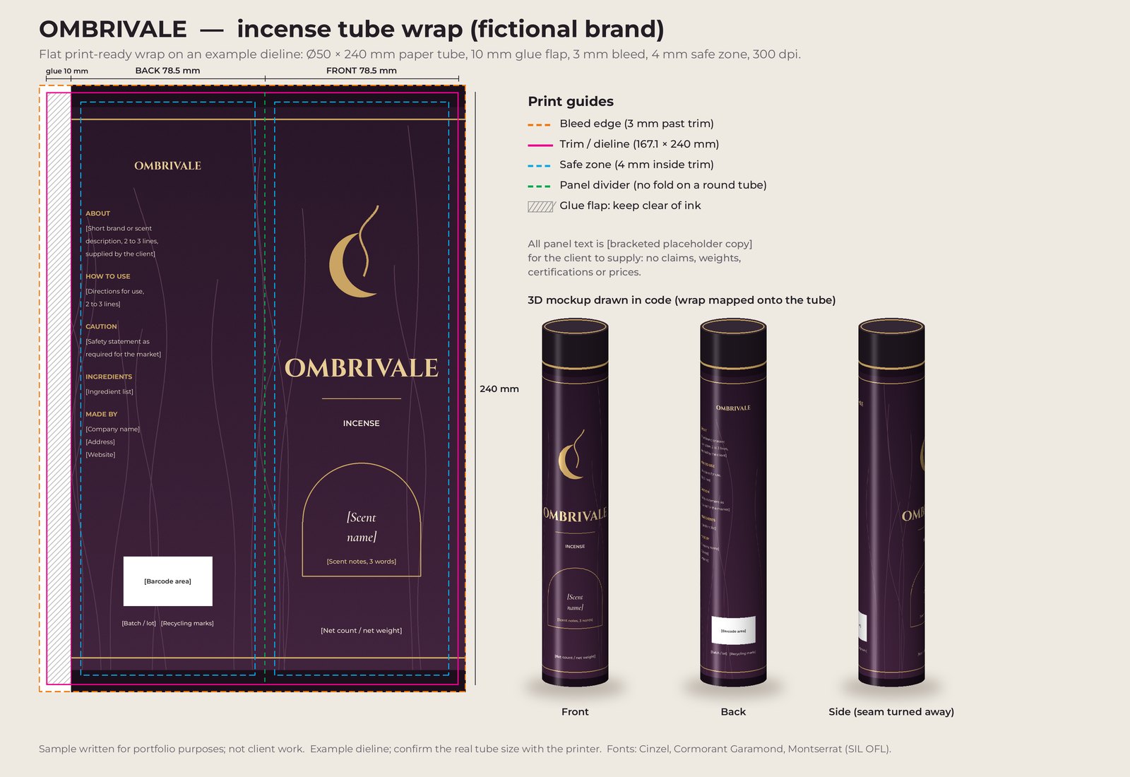 Tube wrap for the fictional incense brand Ombrivale: plum and gold flat wrap with back and front panels on a dieline with labelled bleed, trim, safe-zone and glue-flap guides, and three tube mockups showing front, back and side