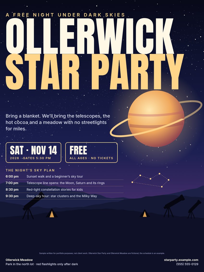 Poster for the fictional Ollerwick Star Party: huge cream and gold condensed title over a starry sky, a ringed planet, date and free entry boxes, an evening schedule and telescope silhouettes on dark hills