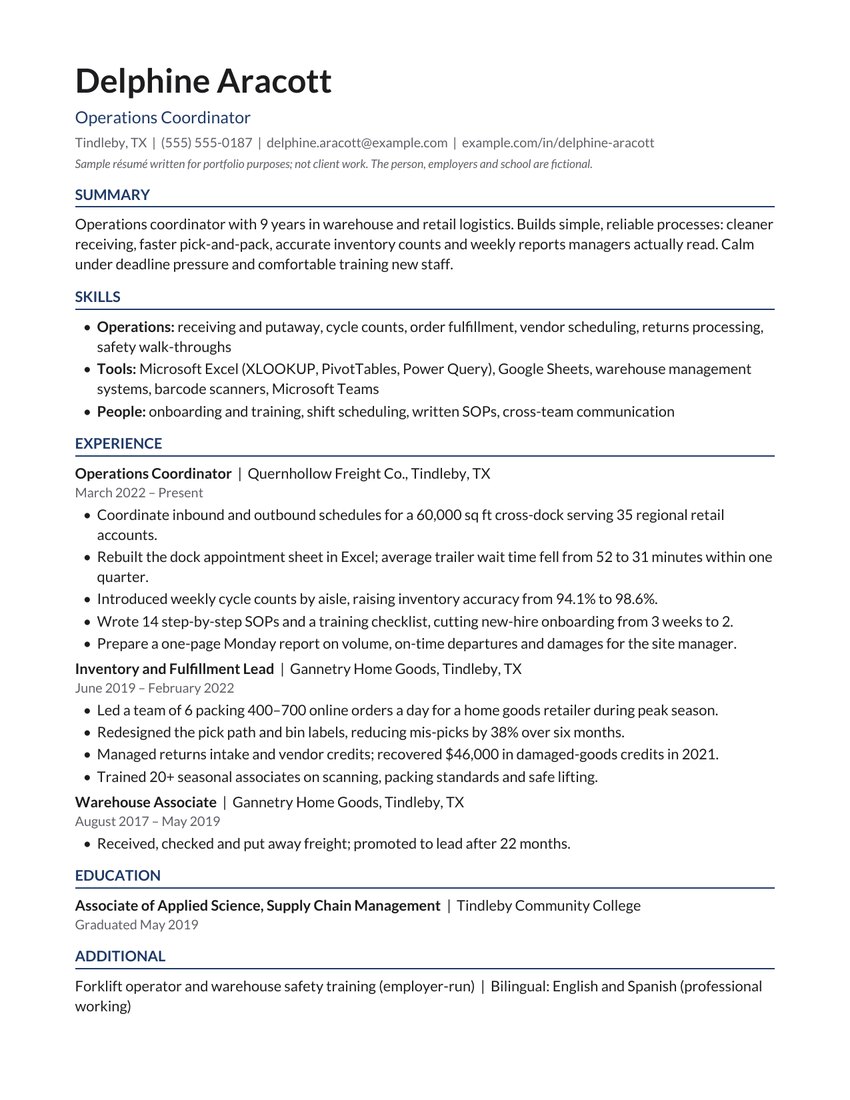 One-page sample resume for the fictional Delphine Aracott, Operations Coordinator, with summary, skills, experience, education and additional sections under navy headings