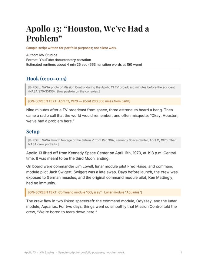 Page 1 of the documentary script Apollo 13: Houston, We've Had a Problem, with the hook, B-roll and on-screen text cues