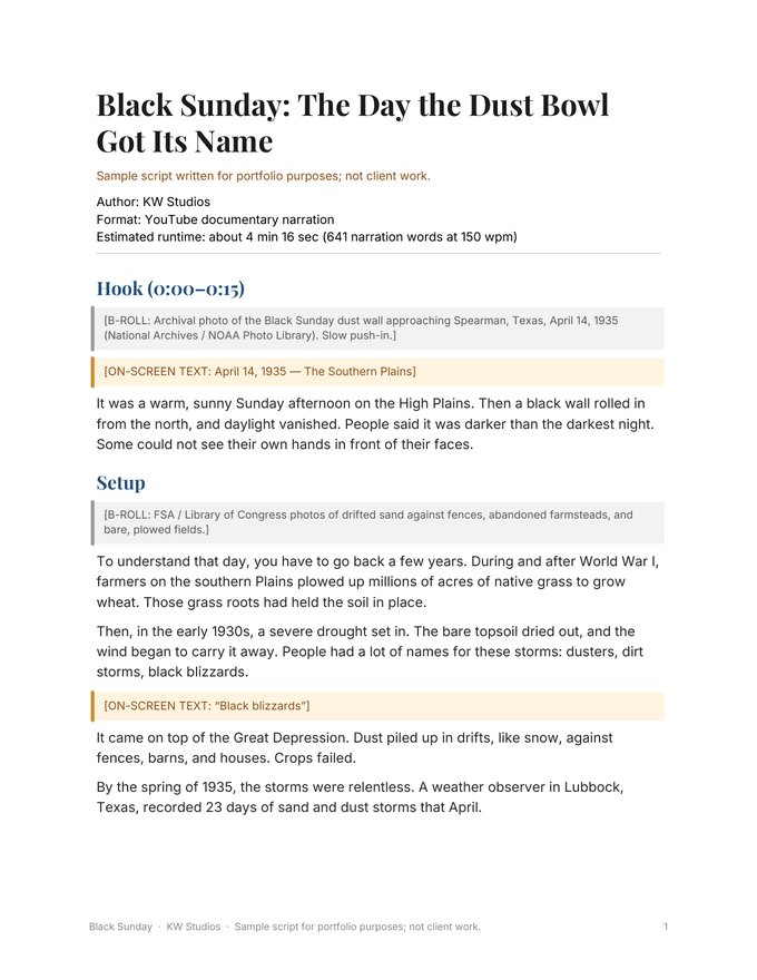 Page 1 of the documentary script Black Sunday: The Day the Dust Bowl Got Its Name, with the hook, B-roll and on-screen text cues