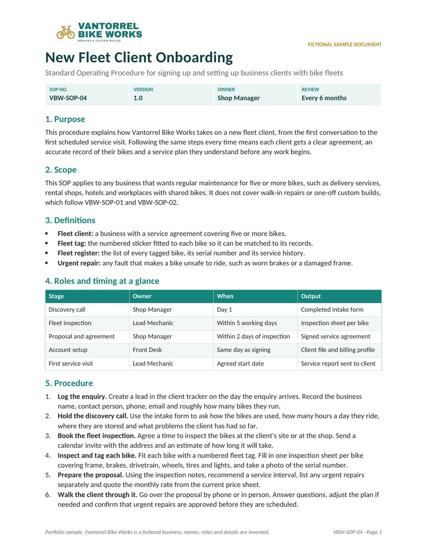 Page 1 of the New Fleet Client Onboarding SOP for the fictional Vantorrel Bike Works, with a doc-control strip, purpose, scope, definitions, roles table and numbered procedure
