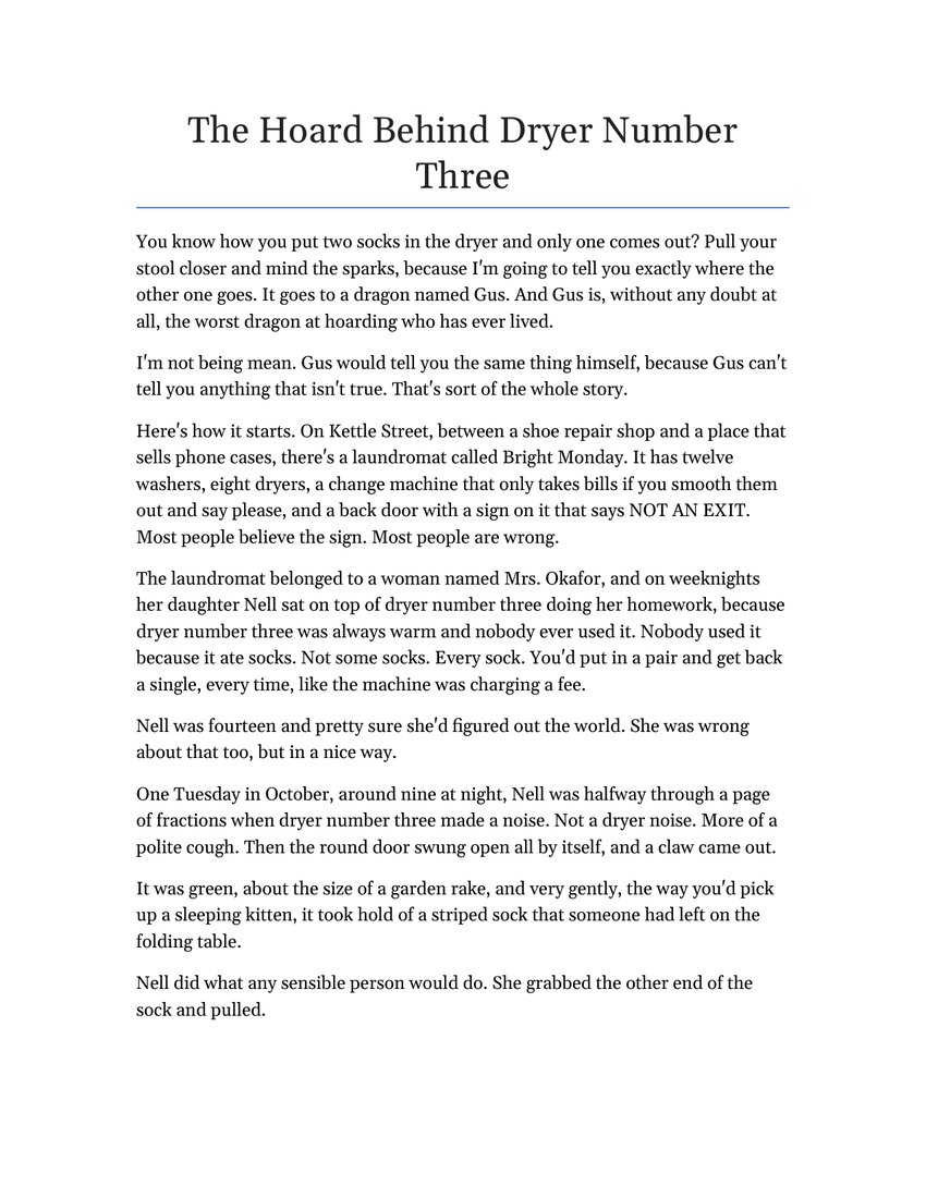 First page of the short story The Hoard Behind Dryer Number Three