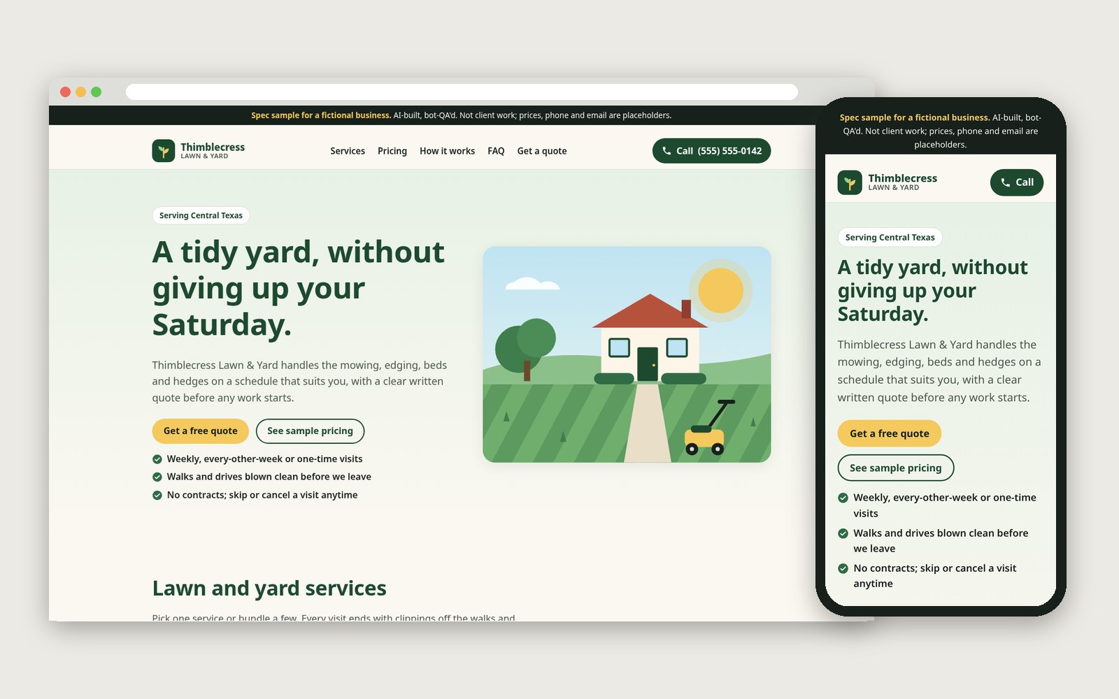 Desktop and mobile screenshots of the one-page website for the fictional Thimblecress Lawn and Yard: sticky header with a call button, headline, quote buttons and a lawn illustration