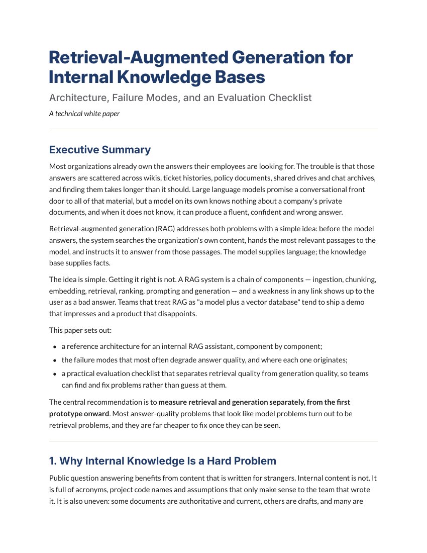 First page of the white paper Retrieval-Augmented Generation for Internal Knowledge Bases: title, subtitle and executive summary